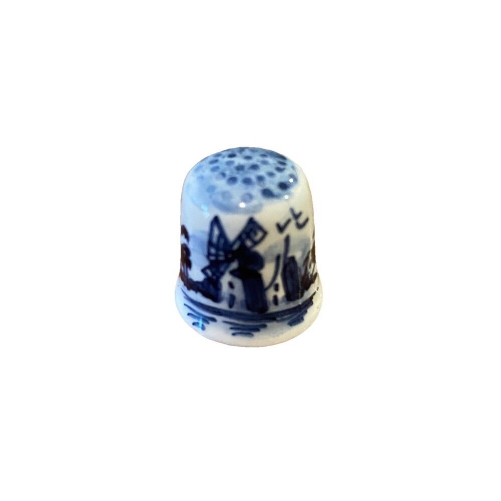 Vintage Delft Blue Porcelain Thimble Windmill Flower RARE